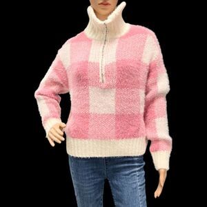 JESSICA SIMPSON Pink & White Cowl Neck Plaid Pullover Sweater Quarter Zip Sz S